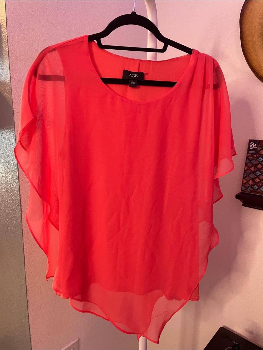 AGB Coral Pink Sheer Layered Flutter Sleeve Blouse 20”ptp
